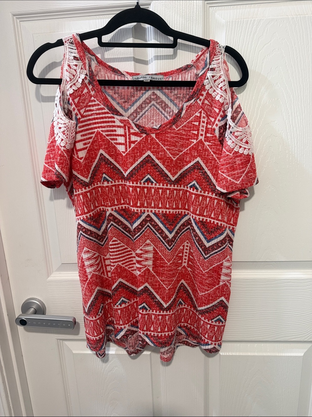 Absolutely Famous Red Aztec Cold-Shoulder Top with Lace Trim